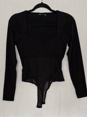 ASOS Black Sheer Mesh Bodysuit US 6 Ruched Front Long Sleeve Corset Style Top